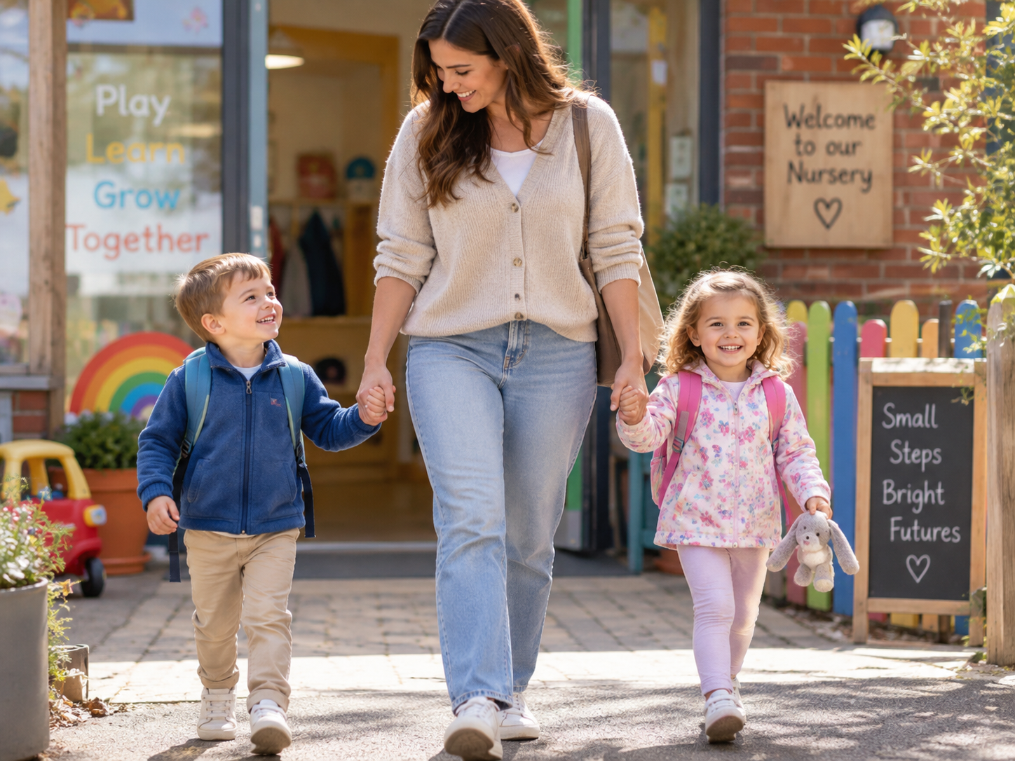 A parent walking with two happy children outside a nursery