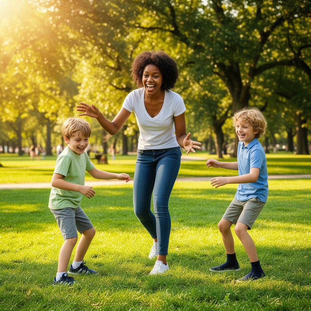 Professional babysitter playing with children in the park